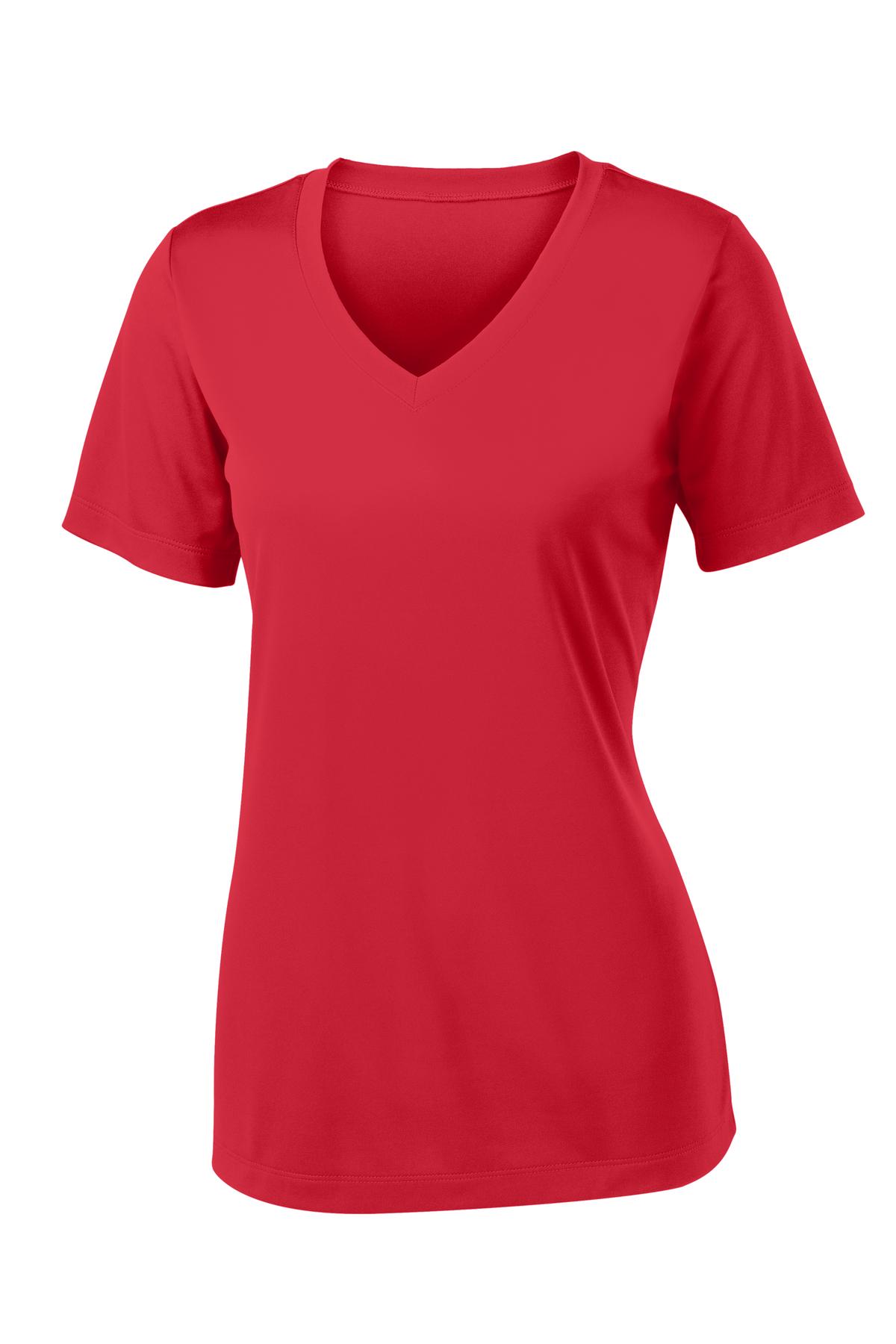 Front View of True Red Sport-Tek Women's PosiCharge Competitor V-Neck Tee. LST353 plain