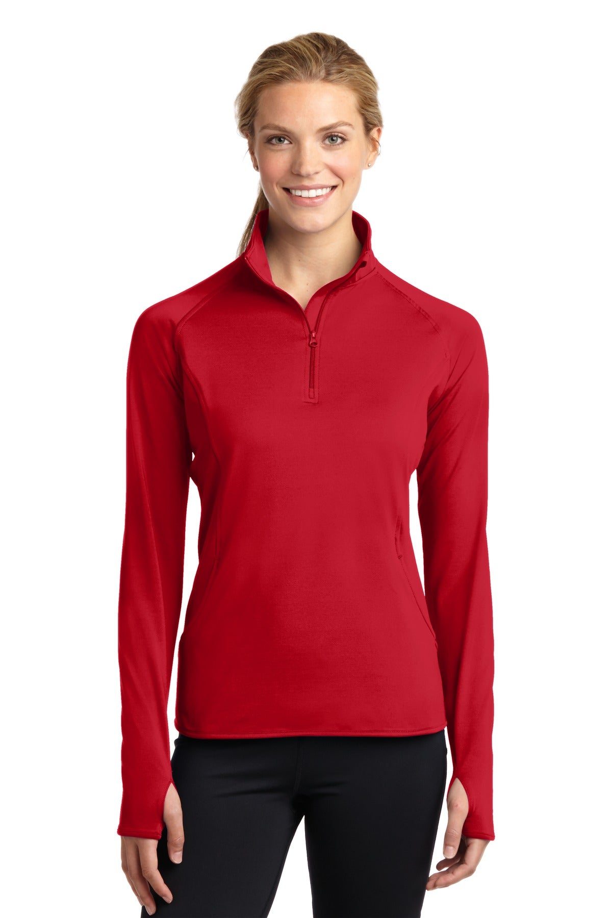 Front View of True Red Sport-Tek Women's Sport-Wick Stretch 1/4-Zip Pullover. LST850 plain