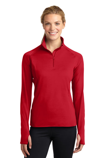 Front View of True Red Sport-Tek Women's Sport-Wick Stretch 1/4-Zip Pullover. LST850 plain