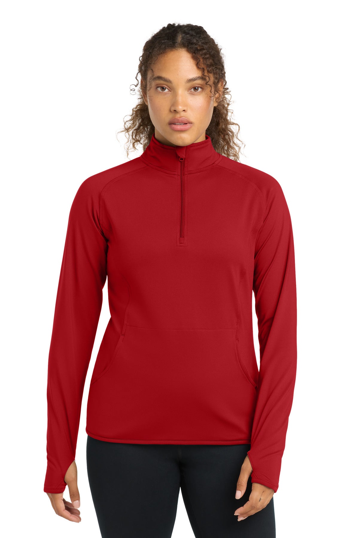 Front View of True Red Sport-Tek Women's Sport-Wick Stretch 1/4-Zip Pullover. LST850 plain