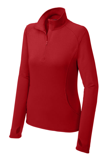 Front View of True Red Sport-Tek Women's Sport-Wick Stretch 1/4-Zip Pullover. LST850 plain