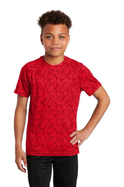 Front View of True Red Sport-Tek Youth Digi Camo Tee. YST460 plain