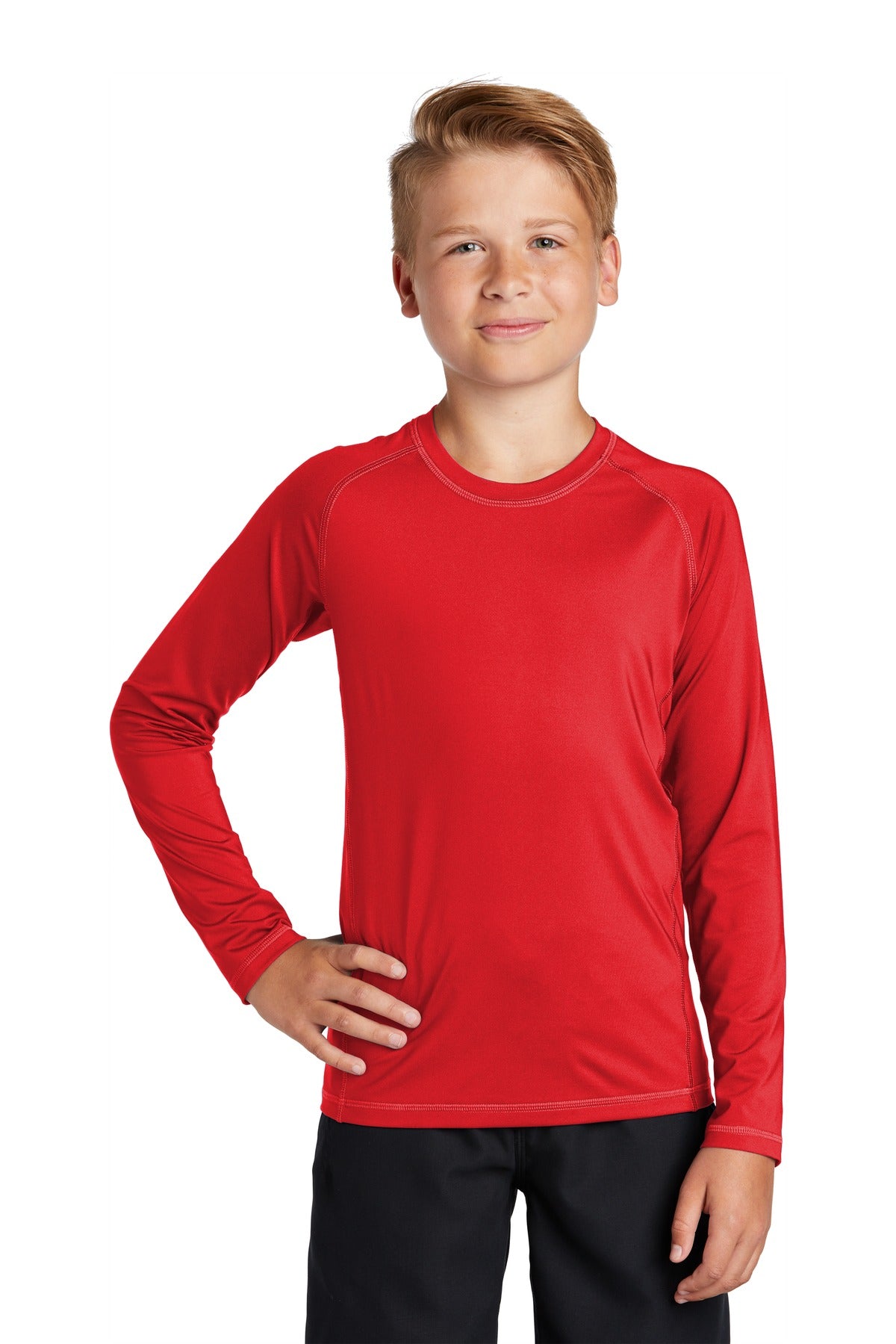 Front View of True Red Sport-Tek Youth Long Sleeve Rashguard Tee. YST470LS plain