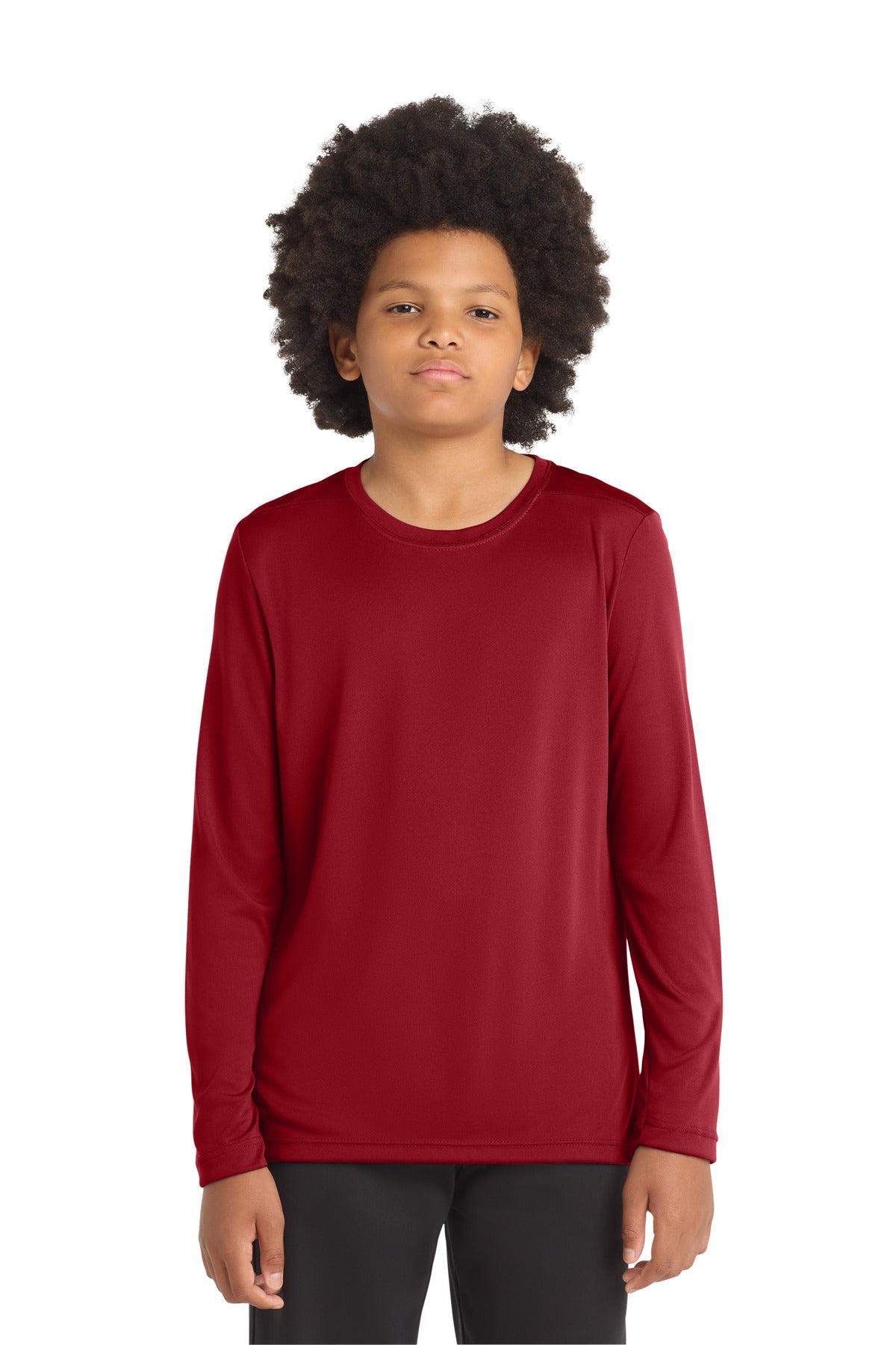 Front View of True Red Sport-Tek Youth Posi-UV Pro Long Sleeve Tee. YST420LS plain
