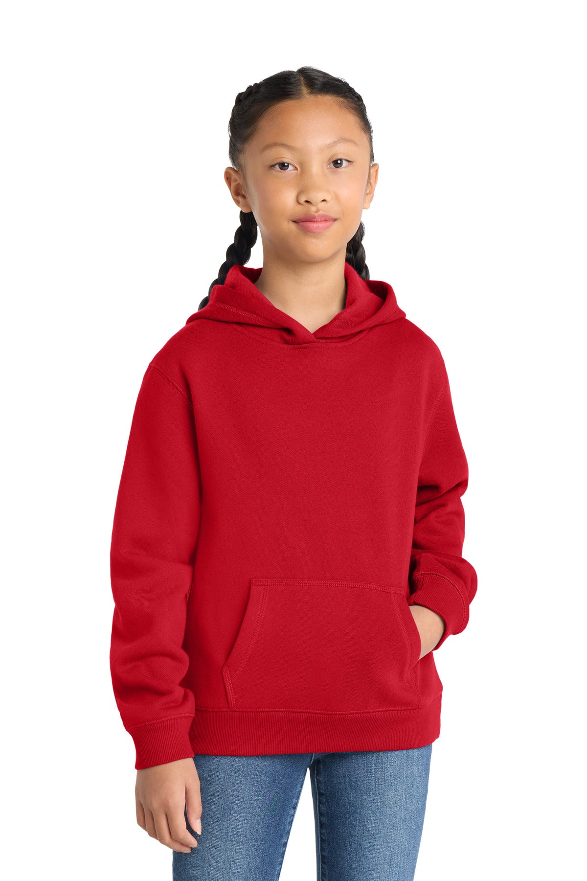 Front View of True Red Sport-Tek Youth Pullover Hooded Sweatshirt. YST254 plain