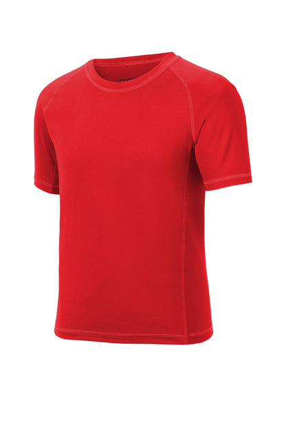 Front View of True Red Sport-Tek Youth Rashguard Tee. YST470 plain