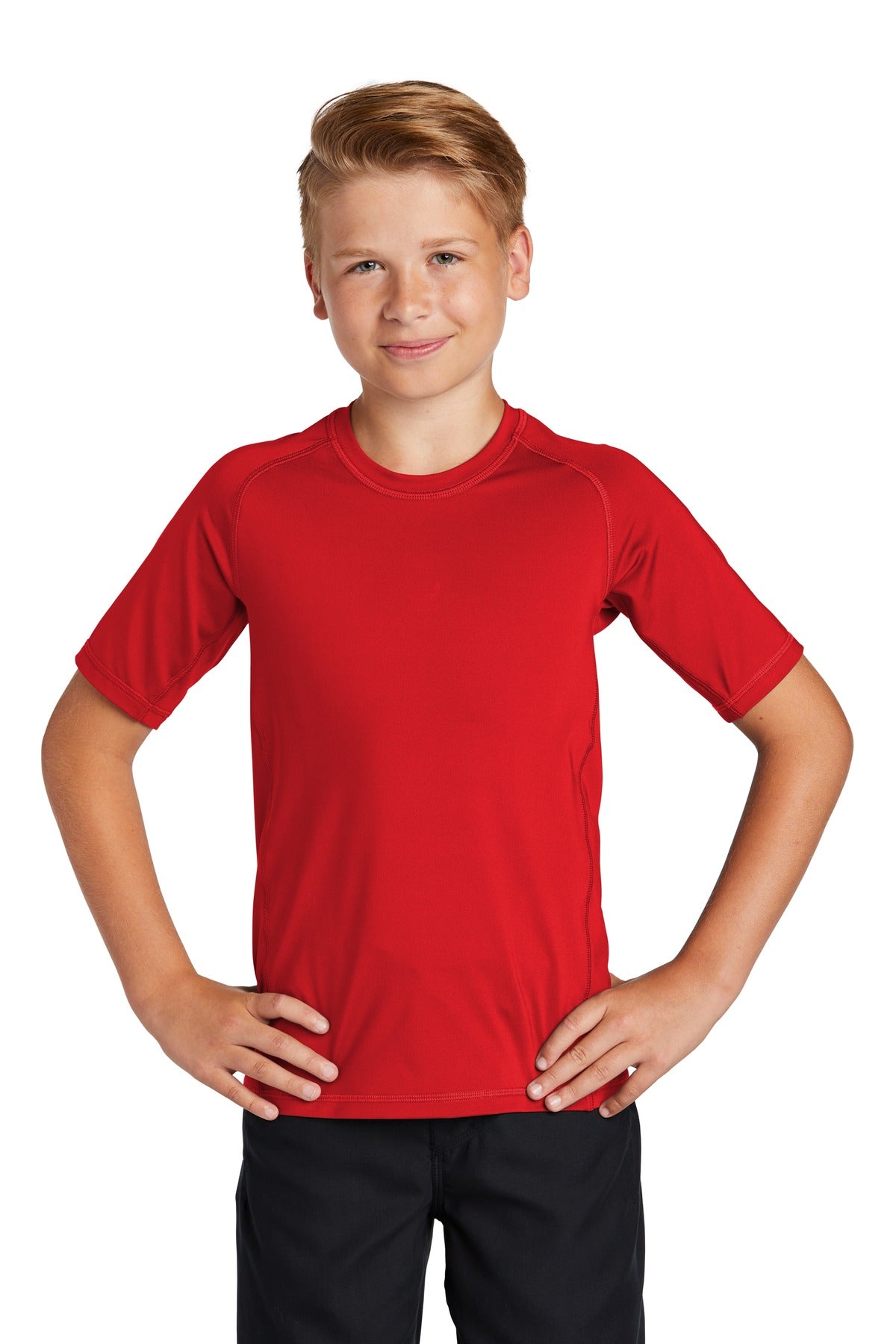 Front View of True Red Sport-Tek Youth Rashguard Tee. YST470 plain