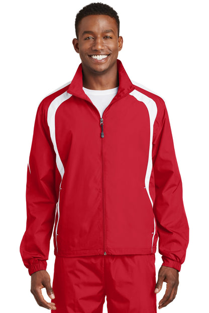 Front View of True Red/White Sport-Tek Colorblock Raglan Jacket. JST60 plain