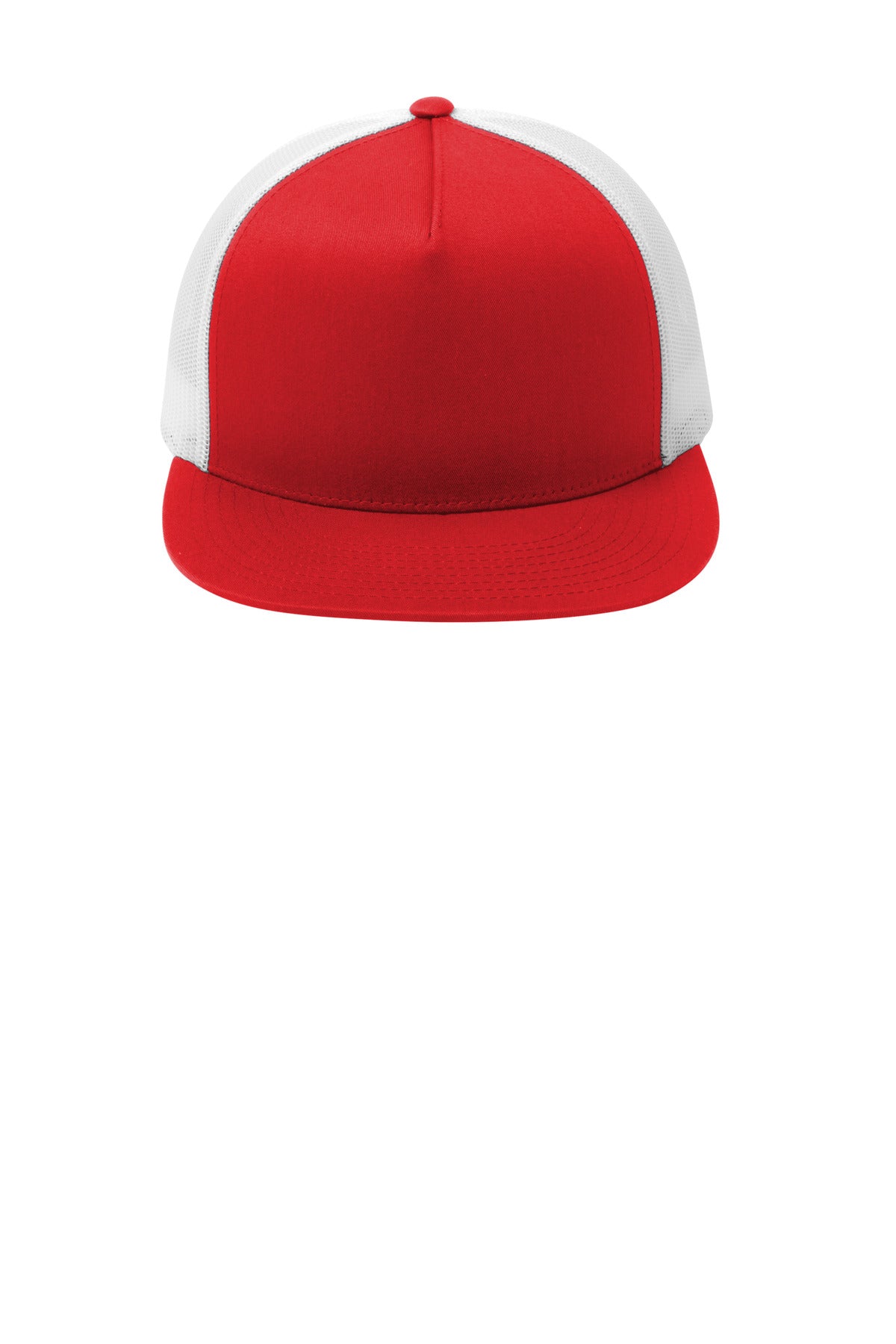 Front View of True Red/White Sport-Tek YP Classics 5-Panel Classic Trucker Mesh Back Cap. STC38 plain
