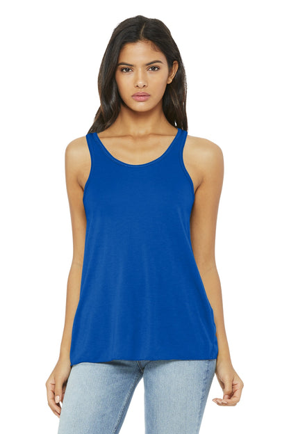 Front View of True Royal BELLA+CANVAS Women's Flowy Racerback Tank. BC8800 plain