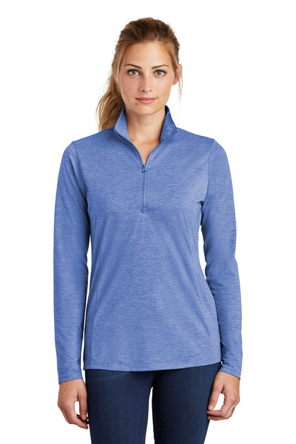 Front View of True Royal Hth Sport-Tek Women's PosiCharge Tri-Blend Wicking 1/4-Zip Pullover. LST407 plain