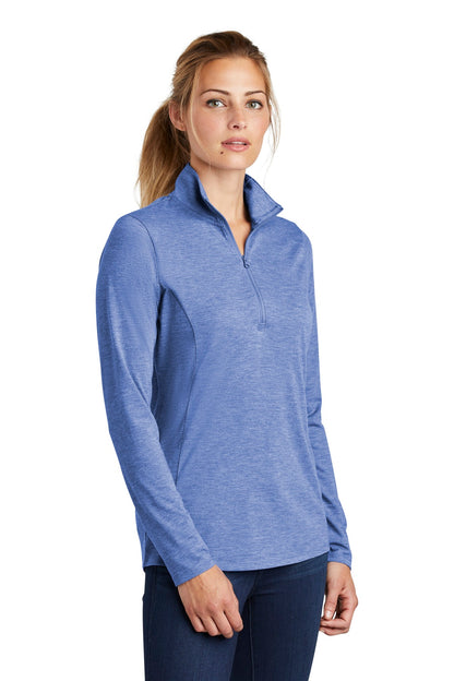 Front View of True Royal Hth Sport-Tek Women's PosiCharge Tri-Blend Wicking 1/4-Zip Pullover. LST407 plain