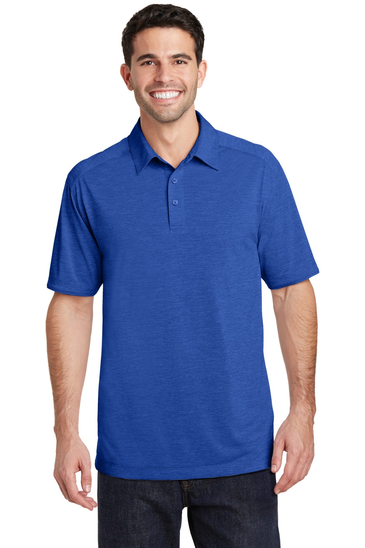 Front View of True Royal Port Authority Digi Heather Performance Polo. K574 plain