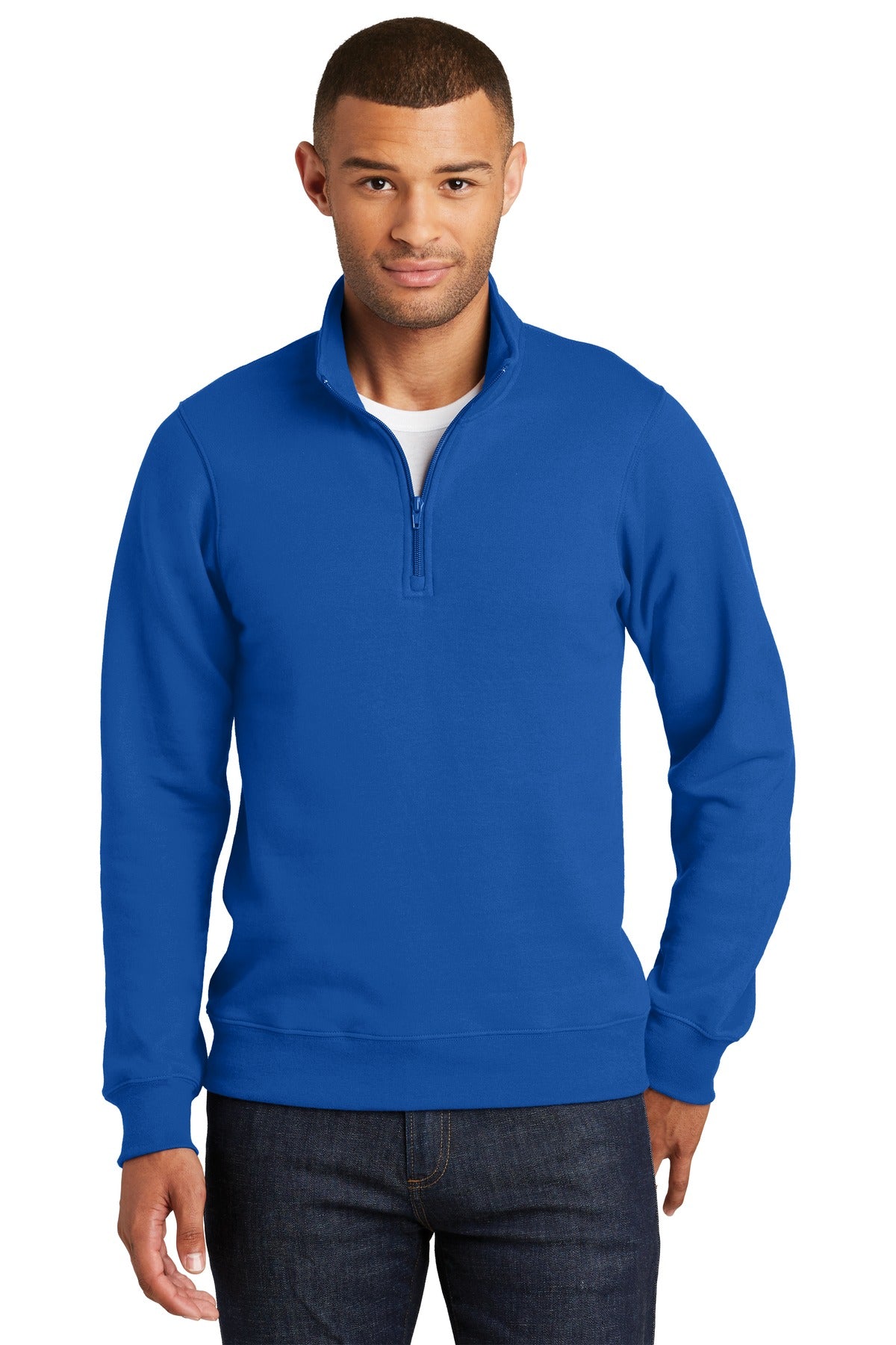 Front View of True Royal Port & Co Fan Favorite Fleece 1/4-Zip Pullover Sweatshirt. PC850Q plain