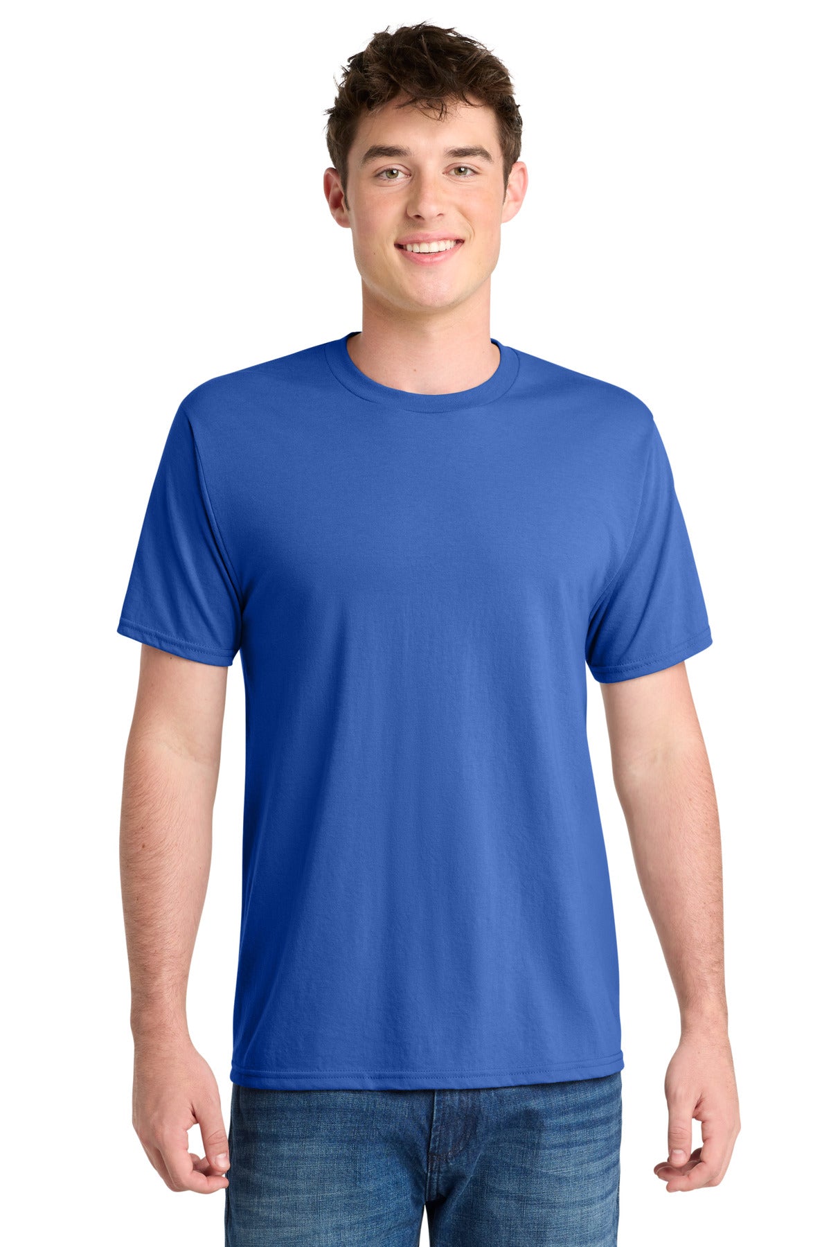 Front View of True Royal Port & Co Performance Blend Tee. PC381 plain