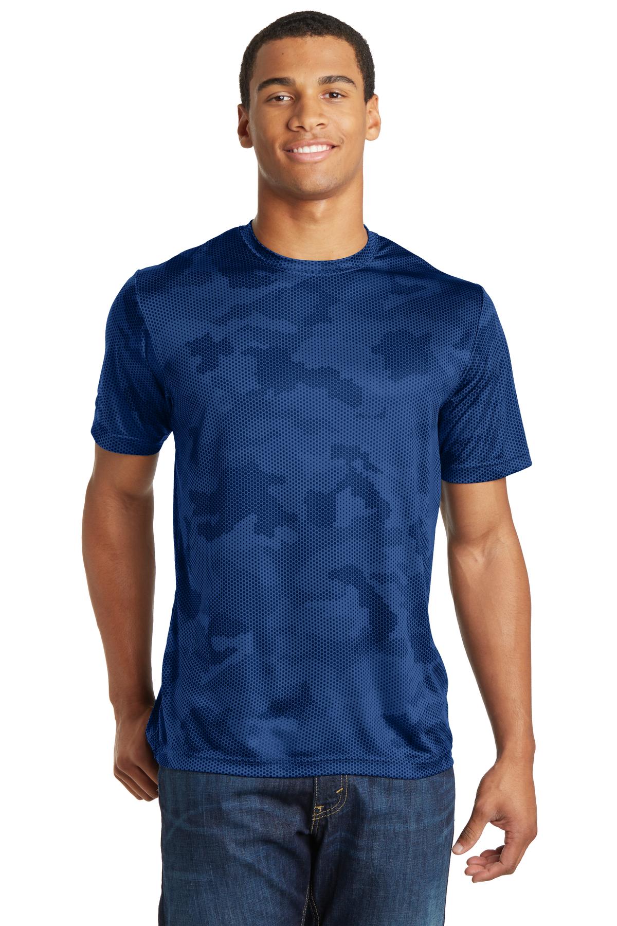 Front View of True Royal Sport-Tek CamoHex Tee. ST370 plain