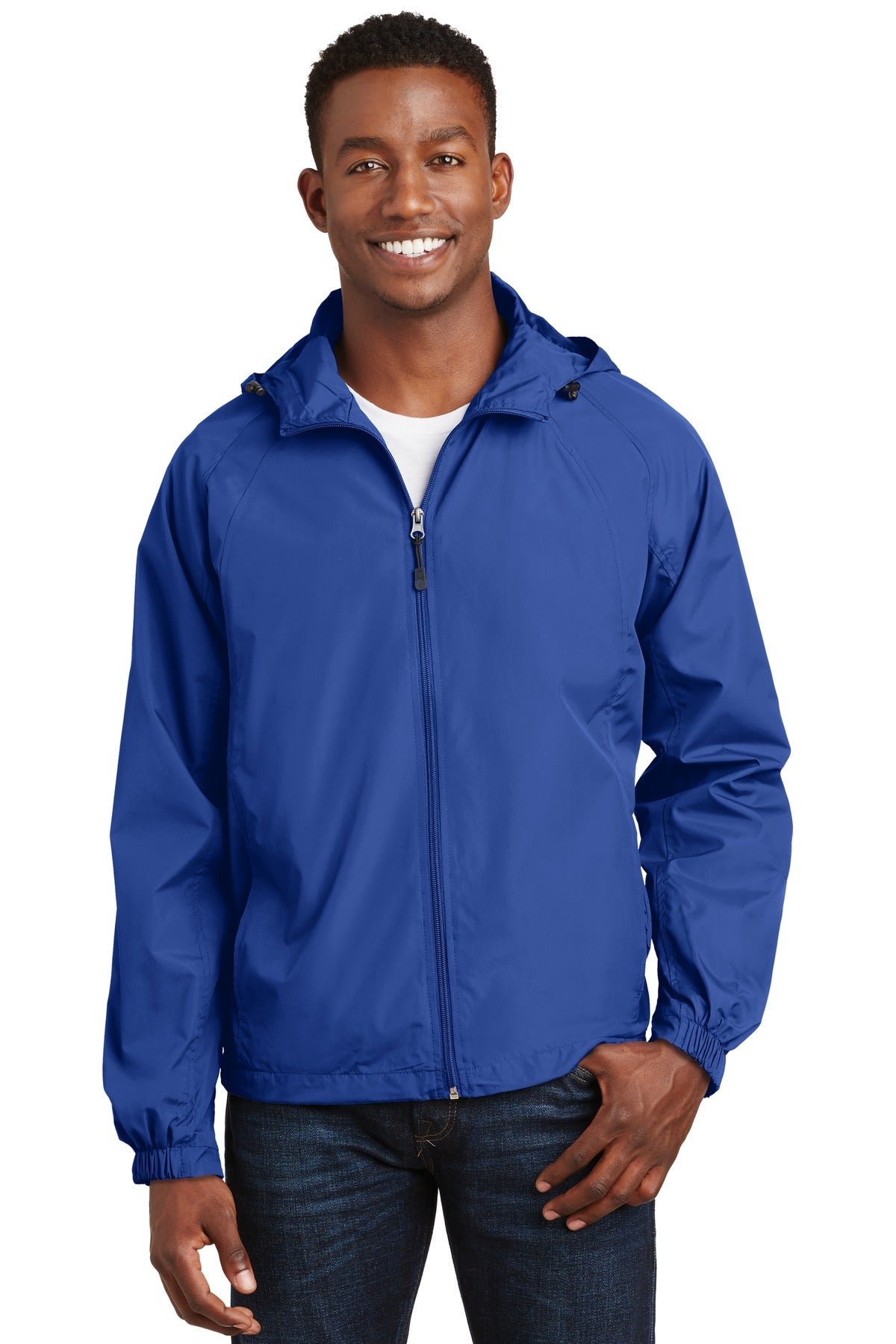 Front View of True Royal Sport-Tek Hooded Raglan Jacket. JST73 plain