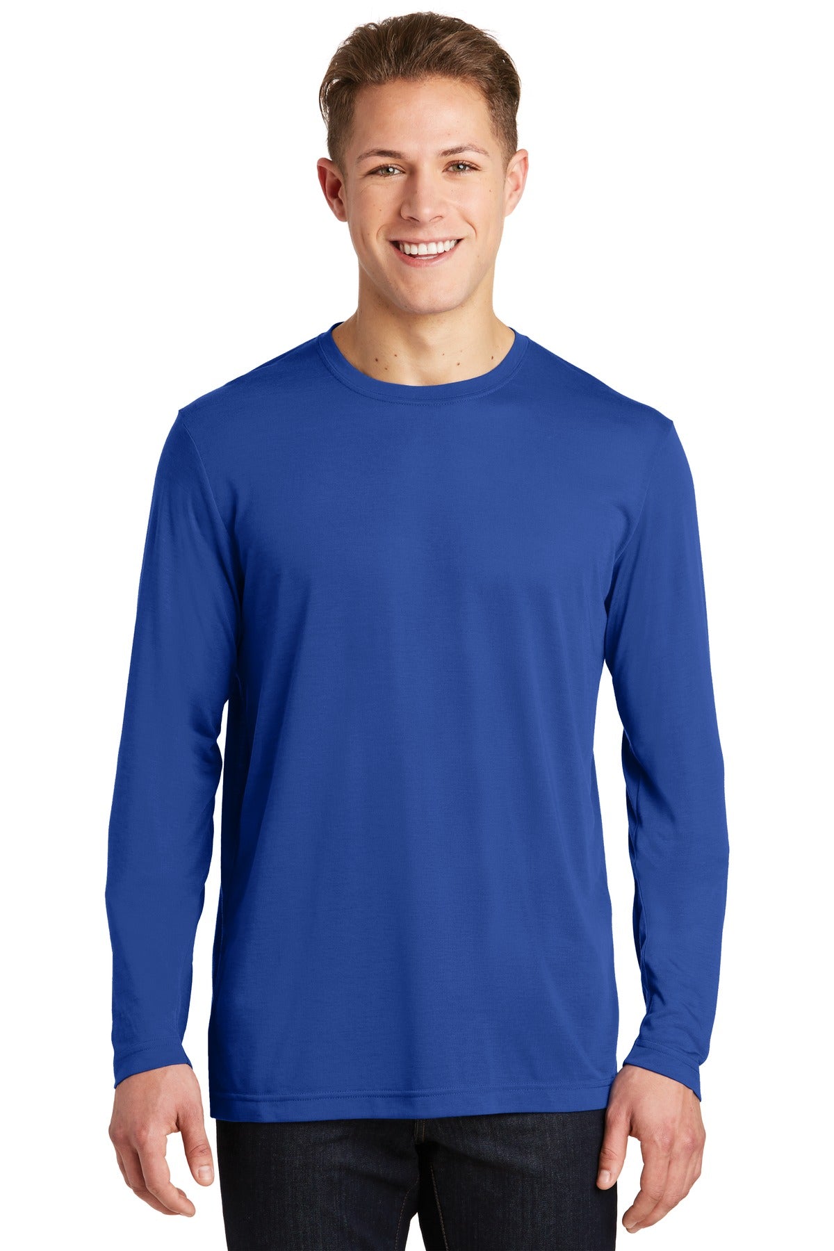 Front View of True Royal Sport-Tek Long Sleeve PosiCharge Competitor Cotton Touch Tee. ST450LS plain