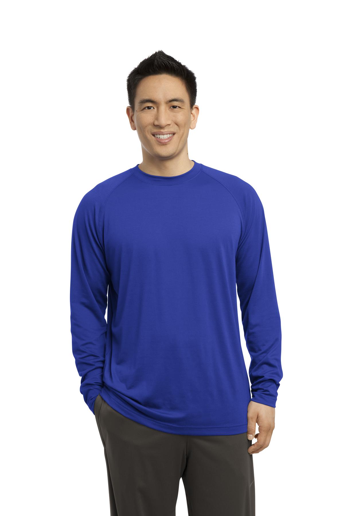 Front View of True Royal Sport-Tek Long Sleeve Ultimate Performance Crew. ST700LS plain