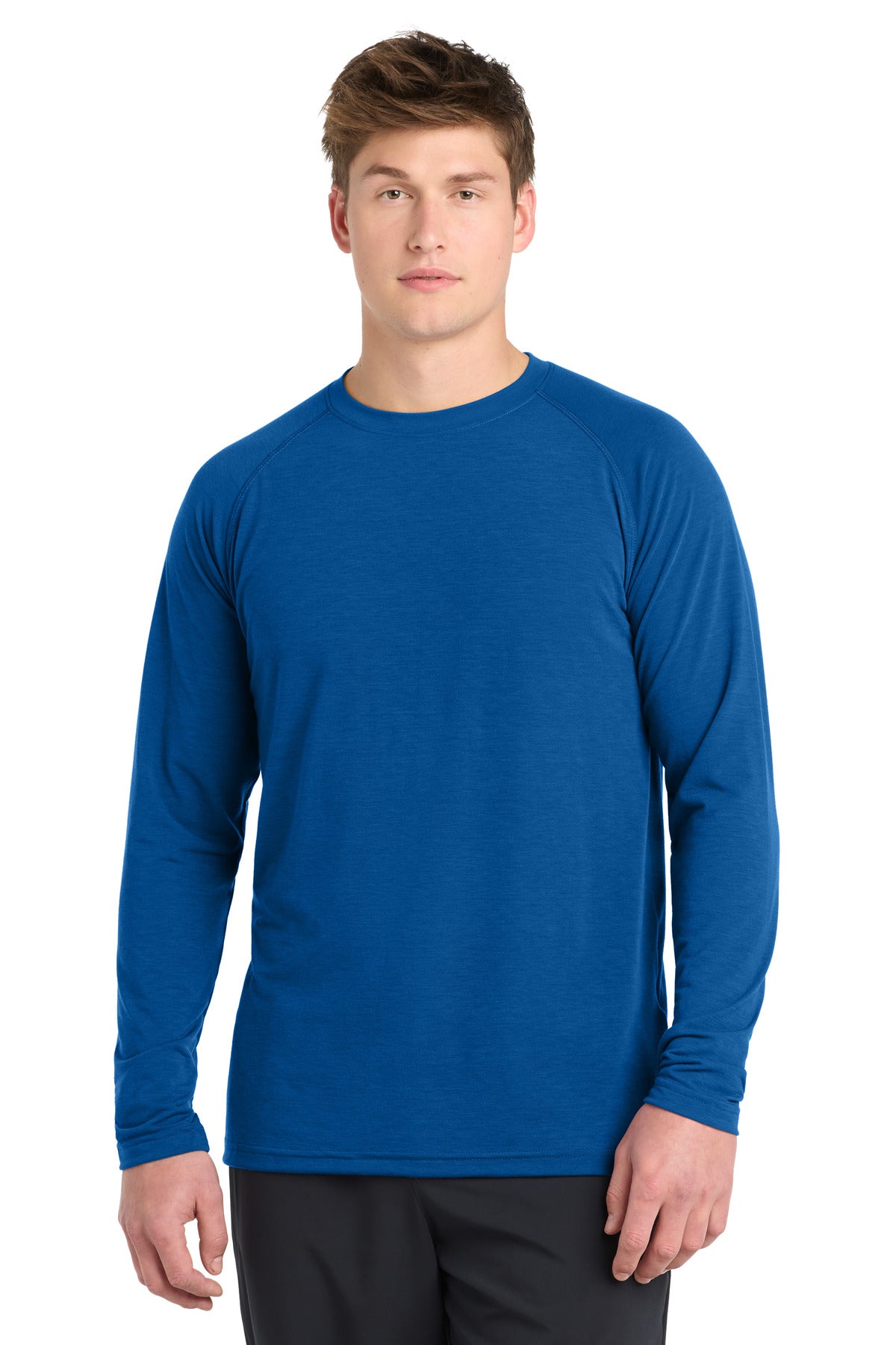 Front View of True Royal Sport-Tek Long Sleeve Ultimate Performance Crew. ST700LS plain