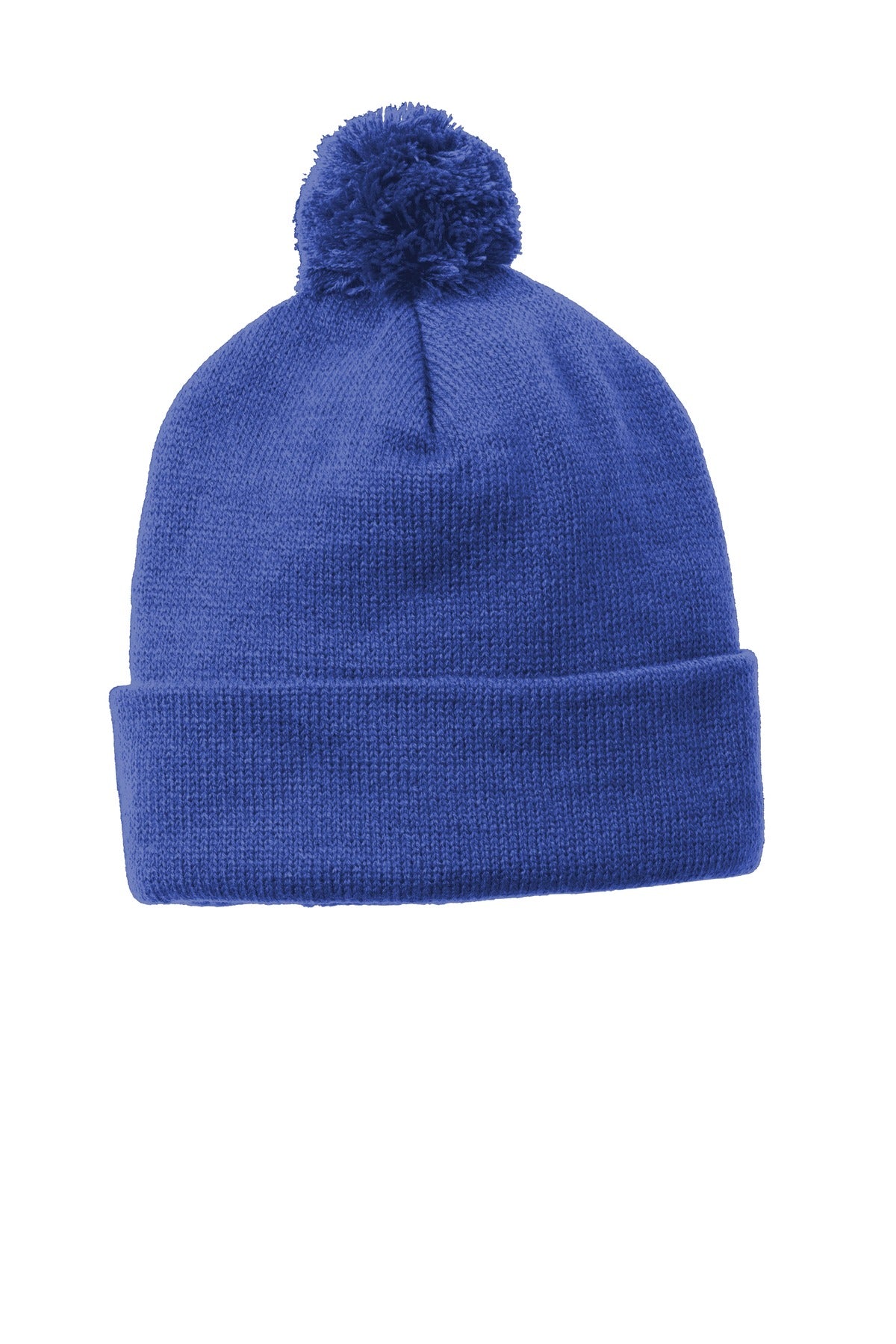 Front View of True Royal Sport-Tek Solid Pom Pom Beanie. STC37