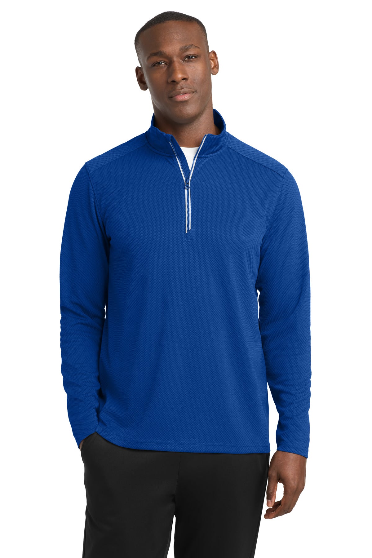 Front View of True Royal Sport-Tek Sport-Wick Textured 1/4-Zip Pullover. ST860 plain