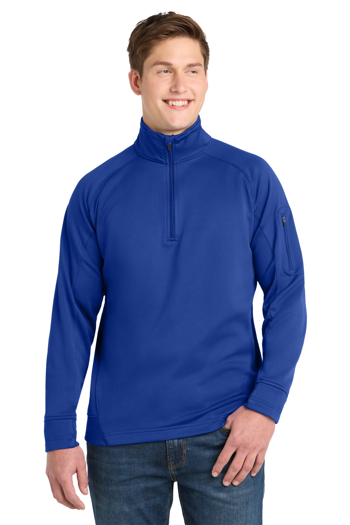 Front View of True Royal Sport-Tek Tech Fleece 1/4-Zip Pullover. F247 plain