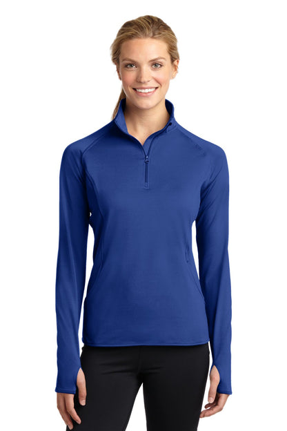 Front View of True Royal Sport-Tek Women's Sport-Wick Stretch 1/4-Zip Pullover. LST850 plain