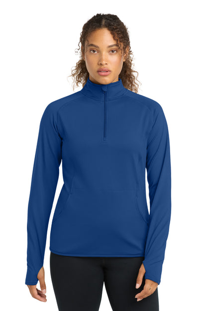Front View of True Royal Sport-Tek Women's Sport-Wick Stretch 1/4-Zip Pullover. LST850 plain