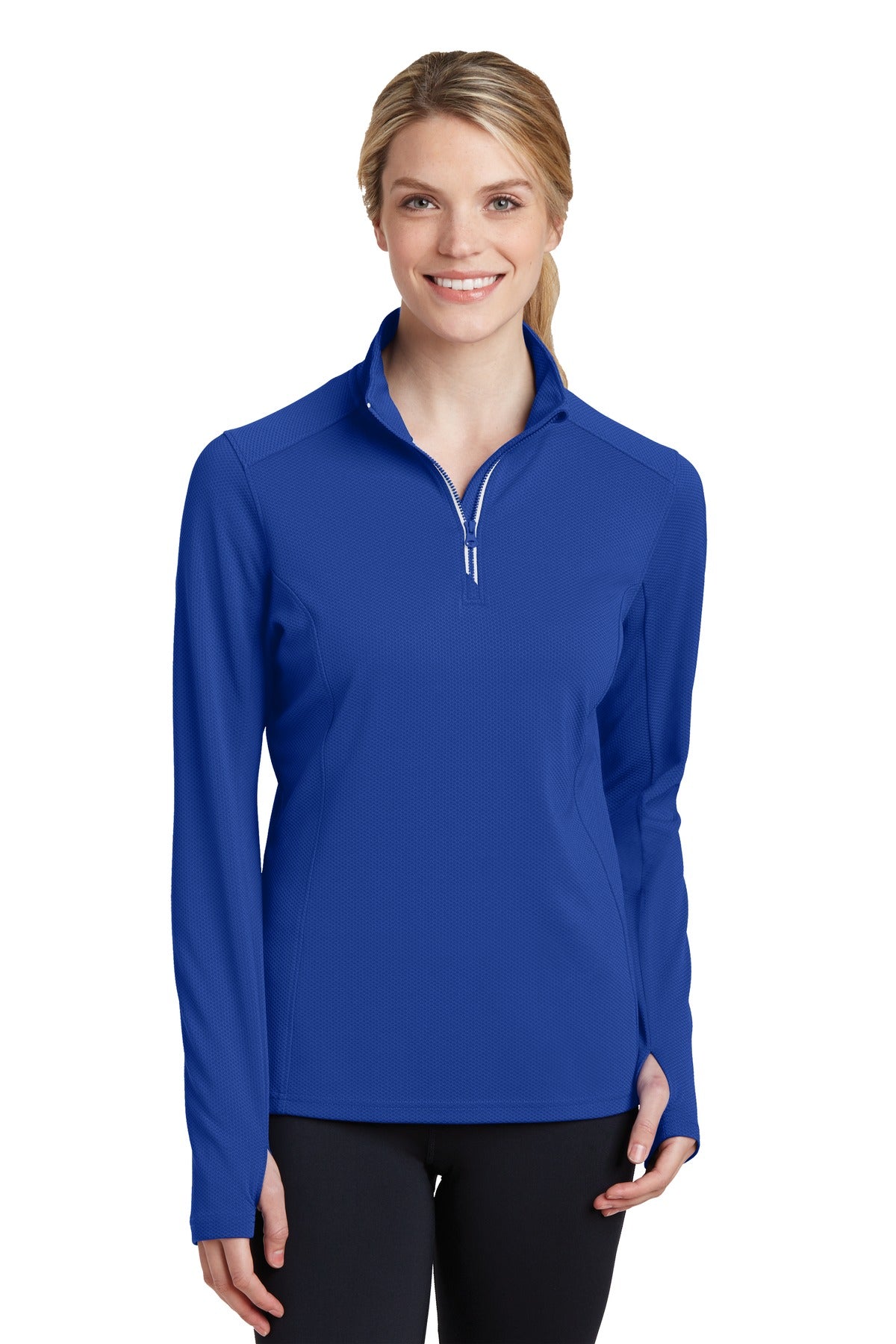Front View of True Royal Sport-Tek Women's Sport-Wick Textured 1/4-Zip Pullover. LST860 plain