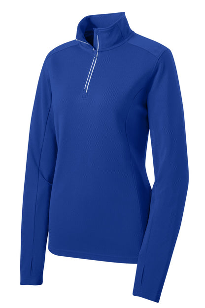 Front View of True Royal Sport-Tek Women's Sport-Wick Textured 1/4-Zip Pullover. LST860 plain