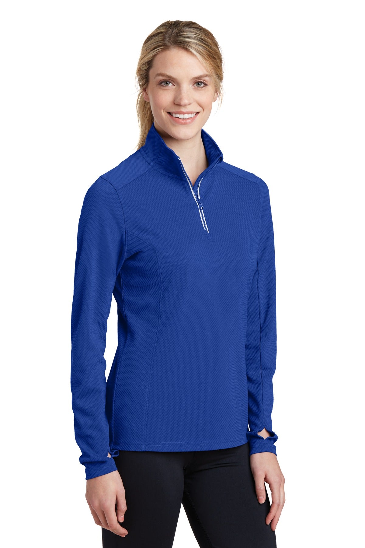 Front View of True Royal Sport-Tek Women's Sport-Wick Textured 1/4-Zip Pullover. LST860 plain