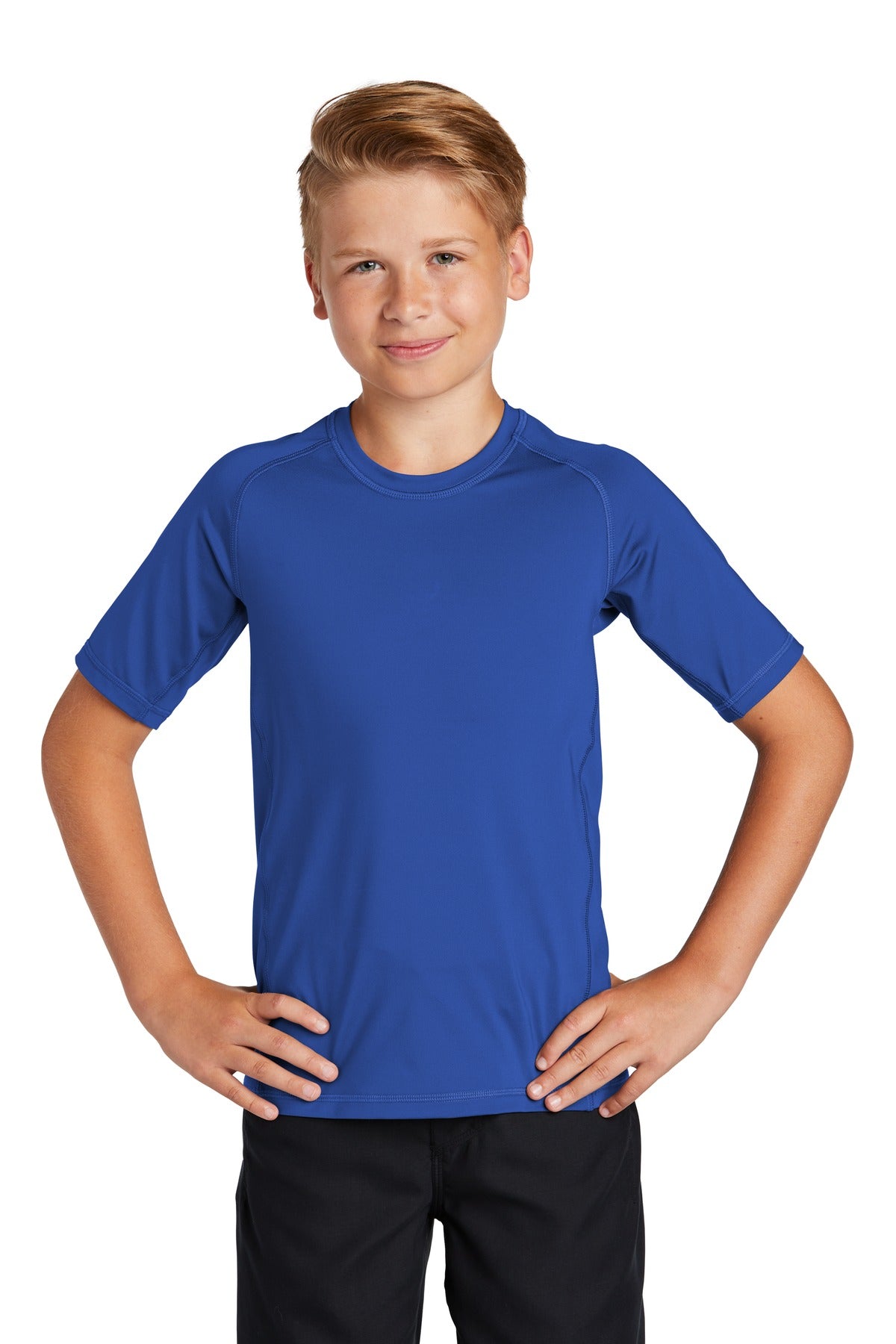 Front View of True Royal Sport-Tek Youth Rashguard Tee. YST470 plain