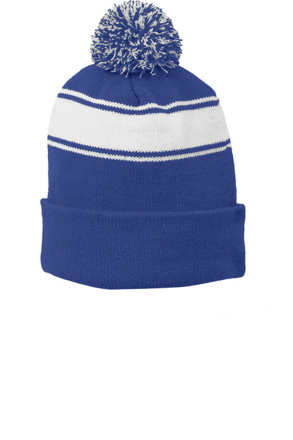 Front View of True Royal/Wht Sport-Tek Stripe Pom Pom Beanie. STC28 plain