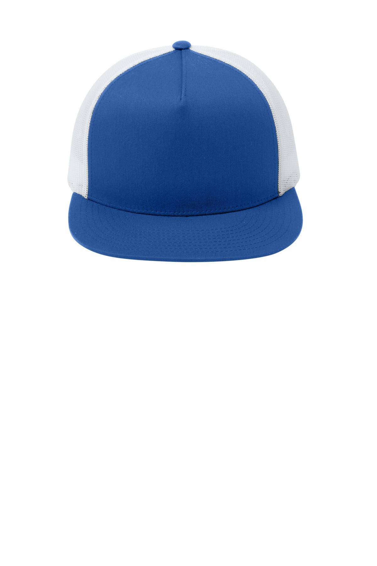 Front View of True Royal/Wht Sport-Tek YP Classics 5-Panel Classic Trucker Mesh Back Cap. STC38 plain