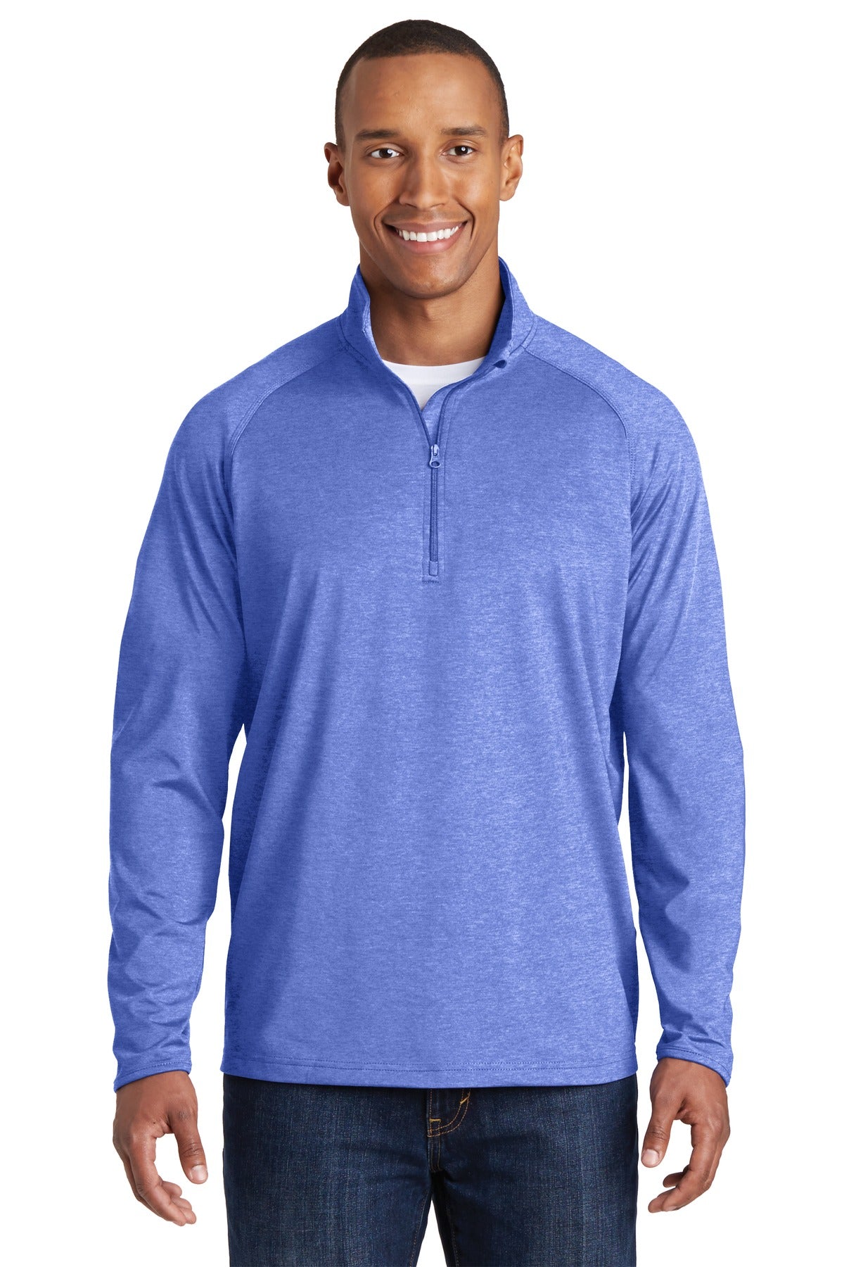 Front View of True Ryl Hthr Sport-Tek Sport-Wick Stretch 1/4-Zip Pullover. ST850 plain
