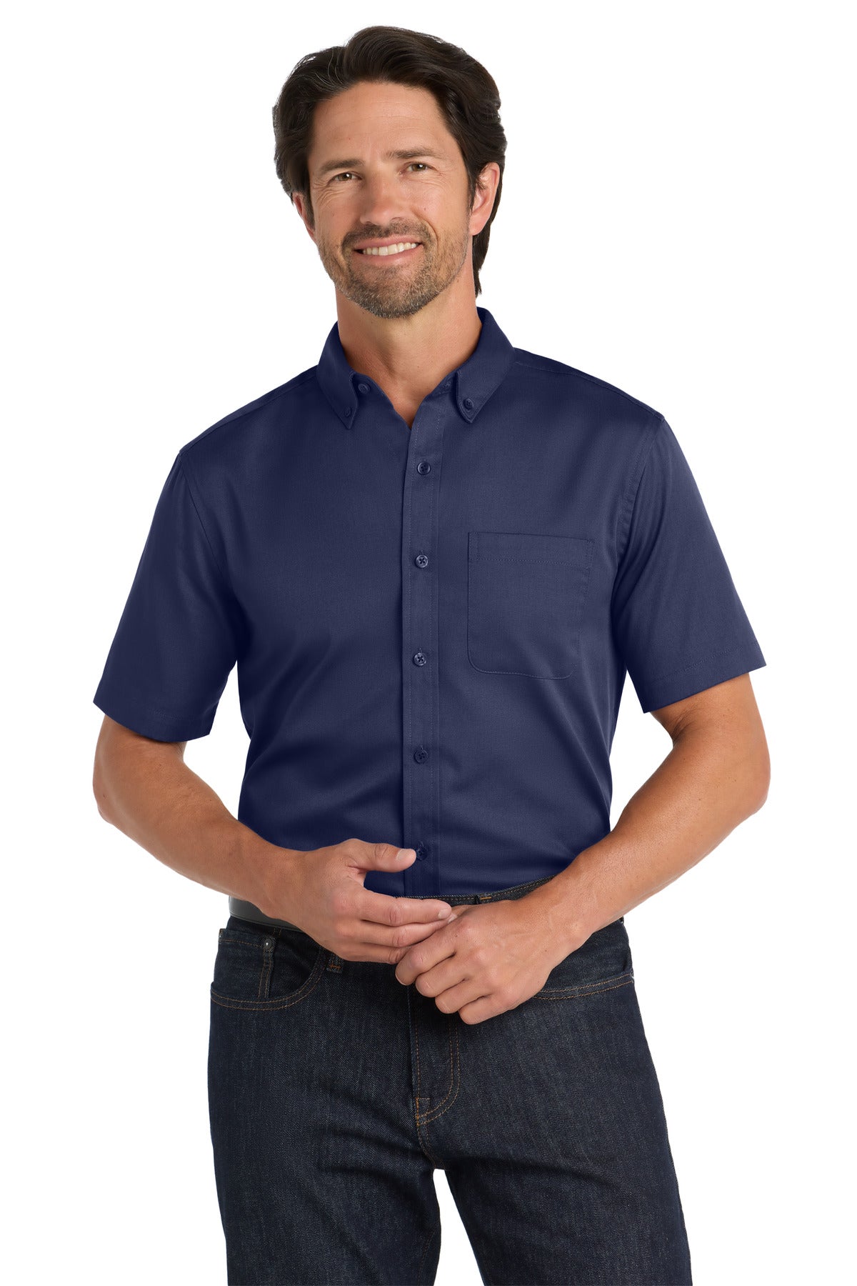 Front View of TrueNavy Port Authority Short Sleeve SuperPro React Twill Shirt. W809 plain