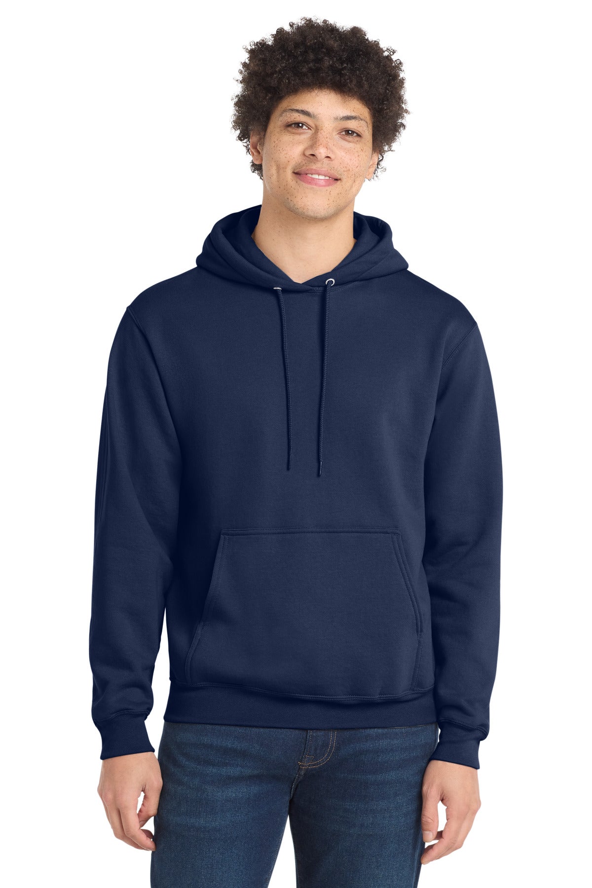Front View of TrueNavy Port & Co Core Fleece Pullover Hooded Sweatshirt. PC78H plain