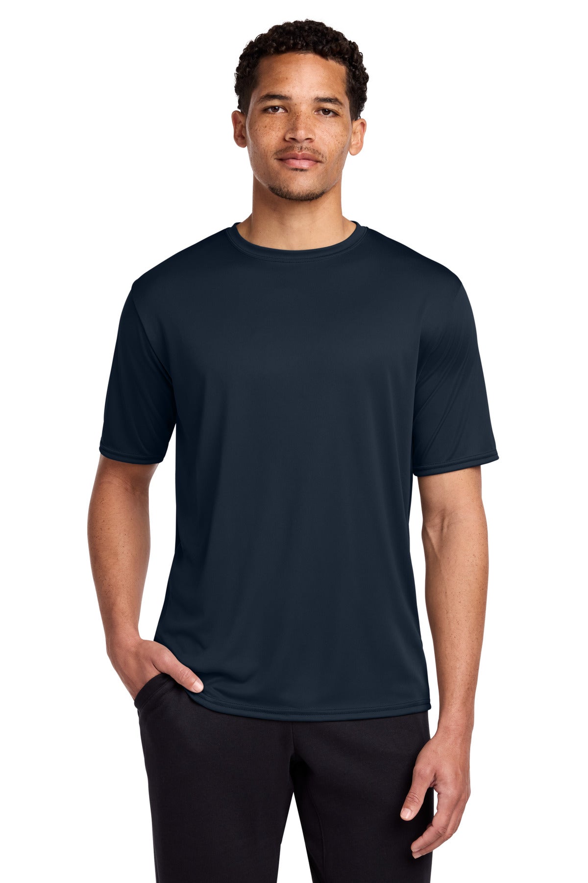Front View of TrueNavy Port & Co Performance Tee. PC380 plain