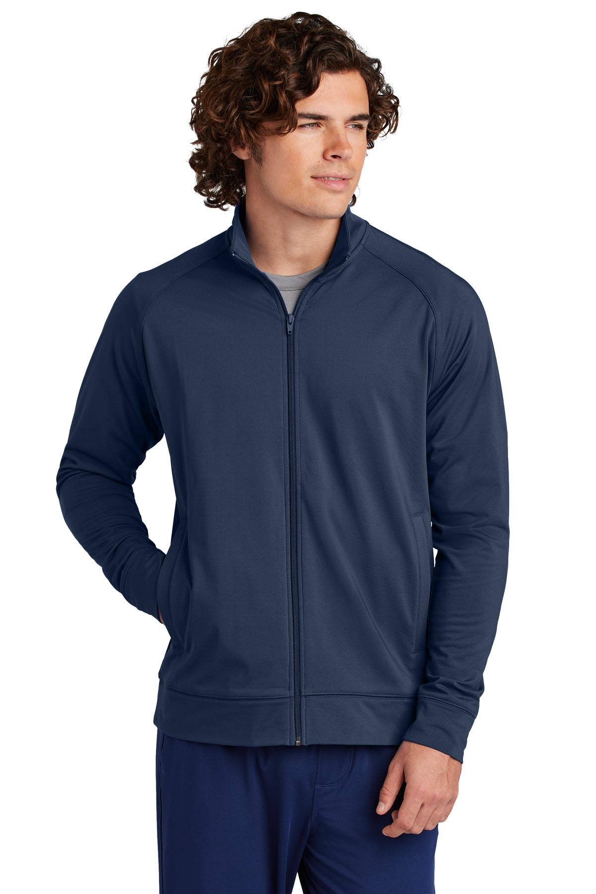 Front View of TrueNavy Sport-Tek Sport-Wick Stretch Full-Zip Cadet Jacket ST857 plain