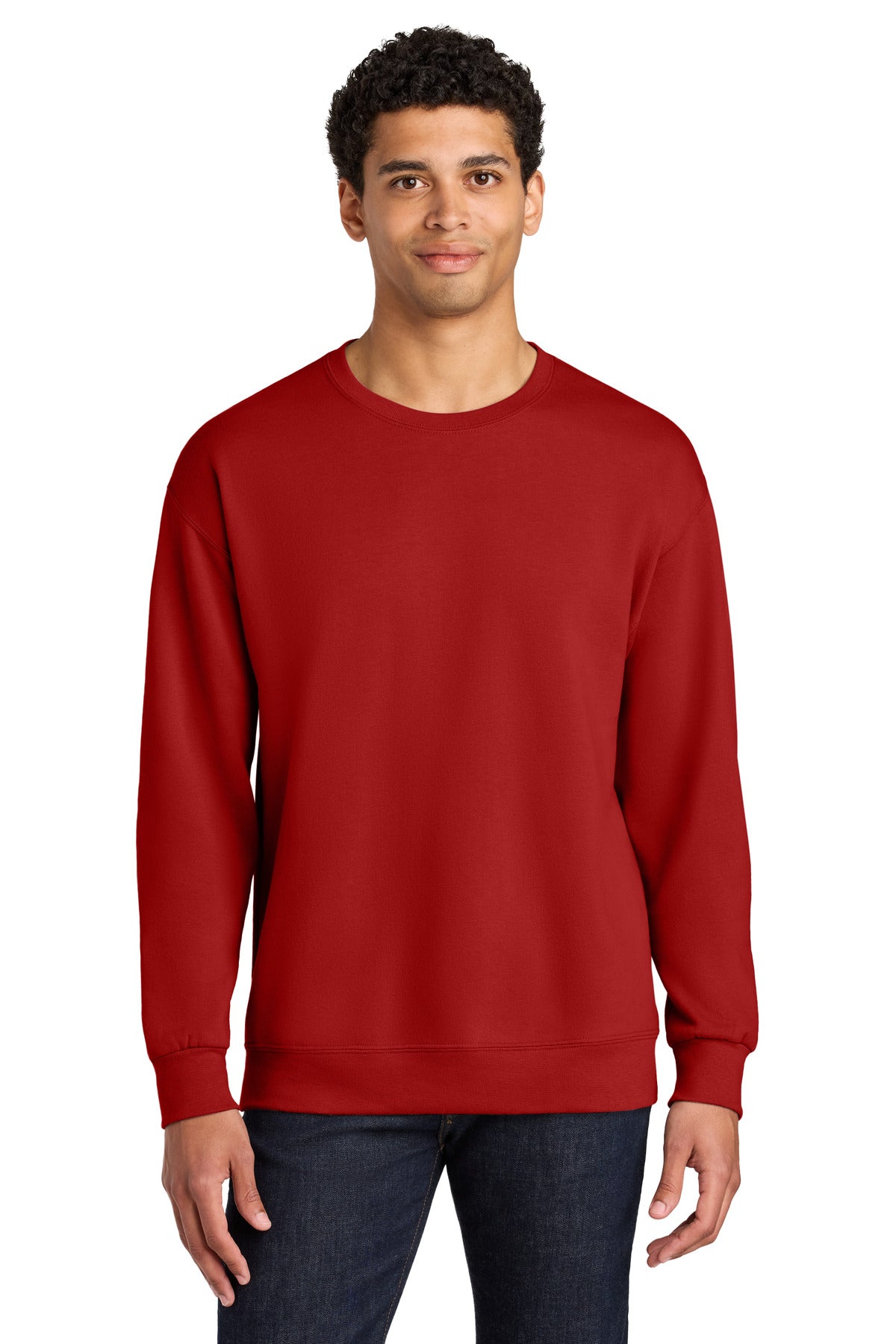 Front View of TrueRed Jerzees Ultimate Unisex CVC Ring Spun Crewneck Sweatshirt IC48M plain