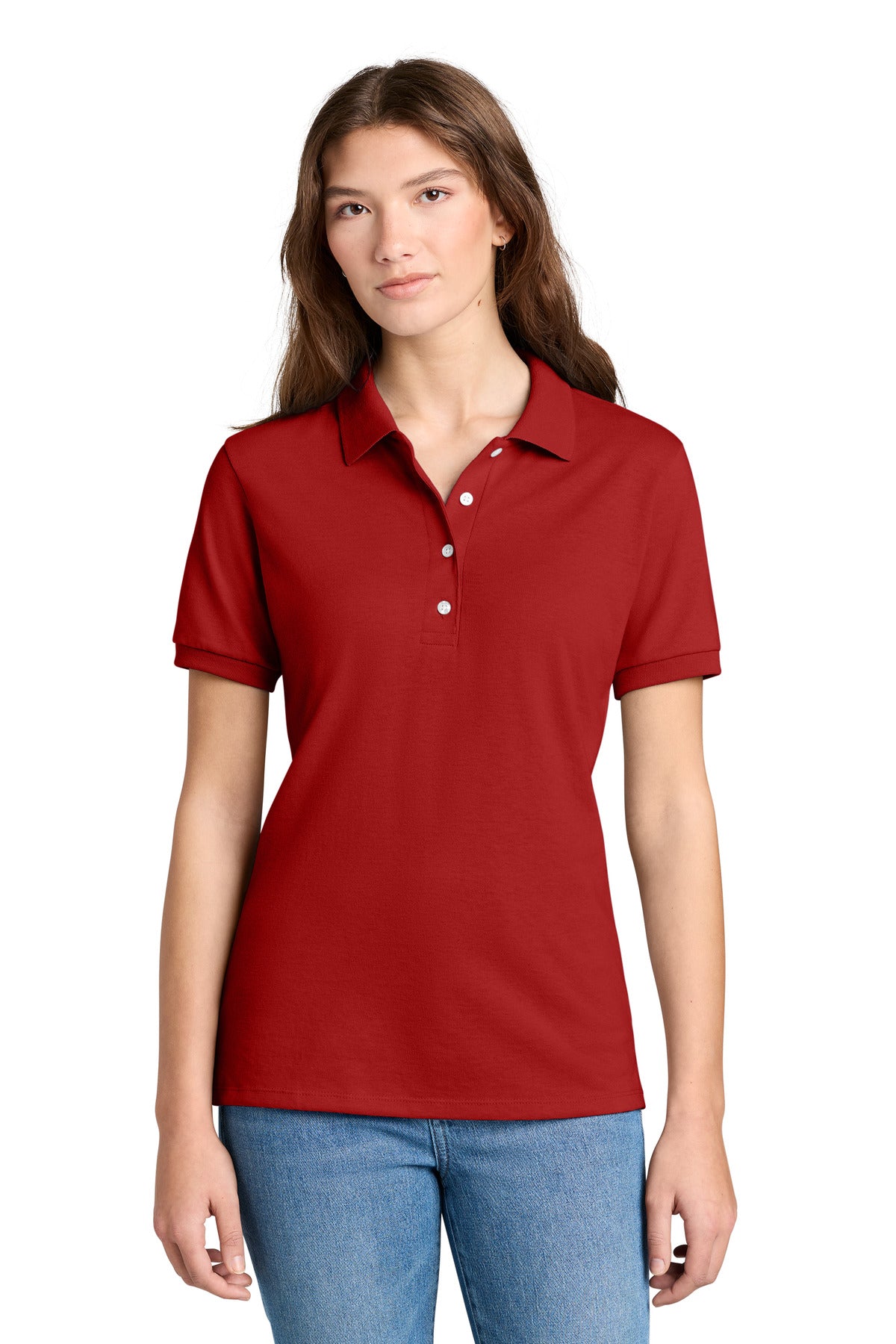 Front View of TrueRed Jerzees Women's Dri-Power Sport Shirt 437W plain