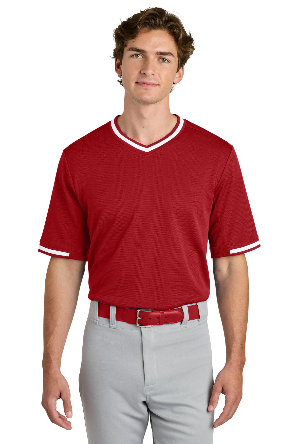 Front View of TrueRed Sport-Tek Tough Mesh V-Neck Baseball Jersey ST221 plain