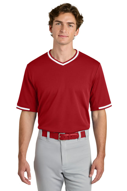 Front View of TrueRed Sport-Tek Tough Mesh V-Neck Baseball Jersey ST221 plain