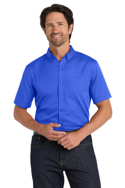Front View of TrueRoyal Port Authority Short Sleeve SuperPro React Twill Shirt. W809 plain