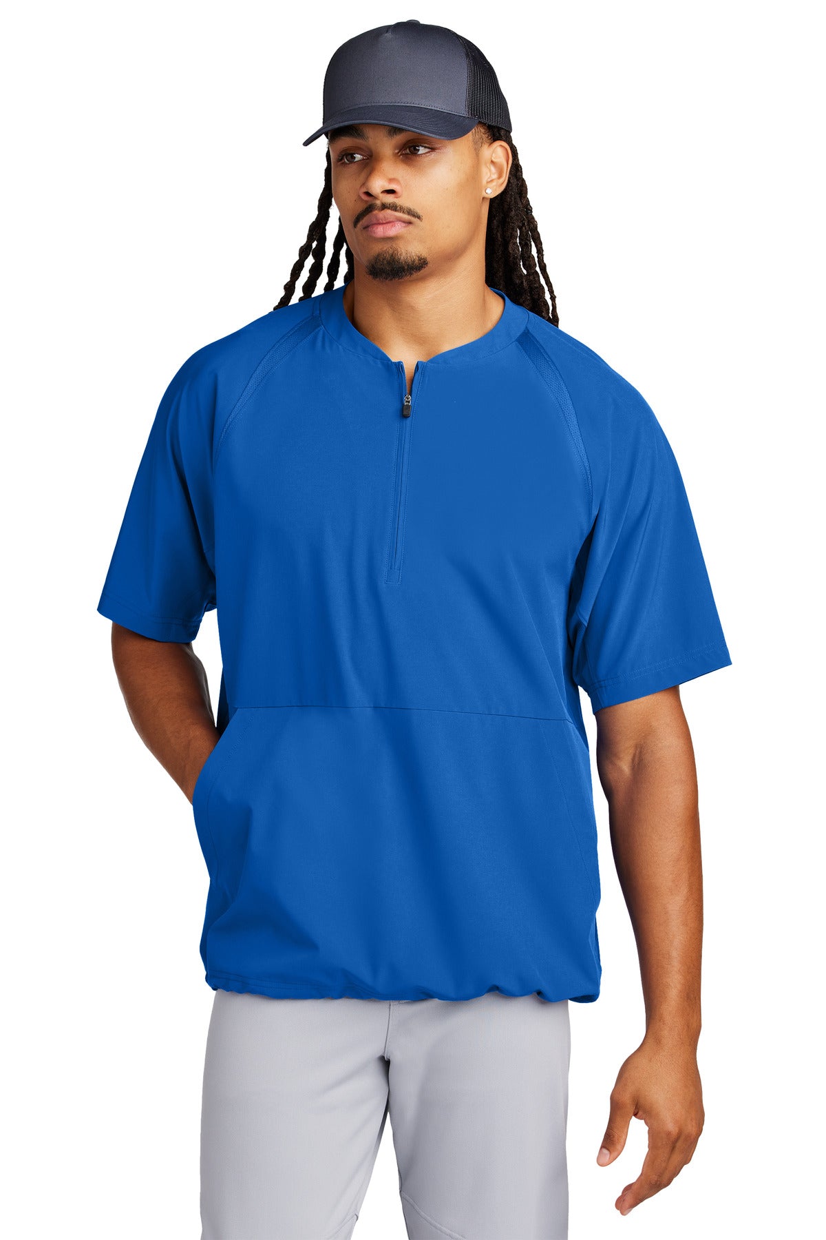 Front View of TrueRoyal Sport-Tek Repeat 1/2-Zip Short Sleeve Jacket JST489 plain