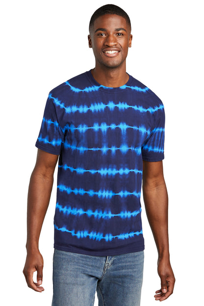 Front View of Turq/TmNvy Port & Co Allover Stripe Tie-Dye Tee PC142 plain