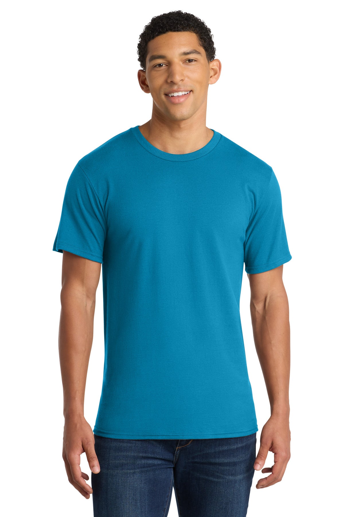 Front View of Turquoise Port & Co Ring Spun Cotton Tee. PC150 plain