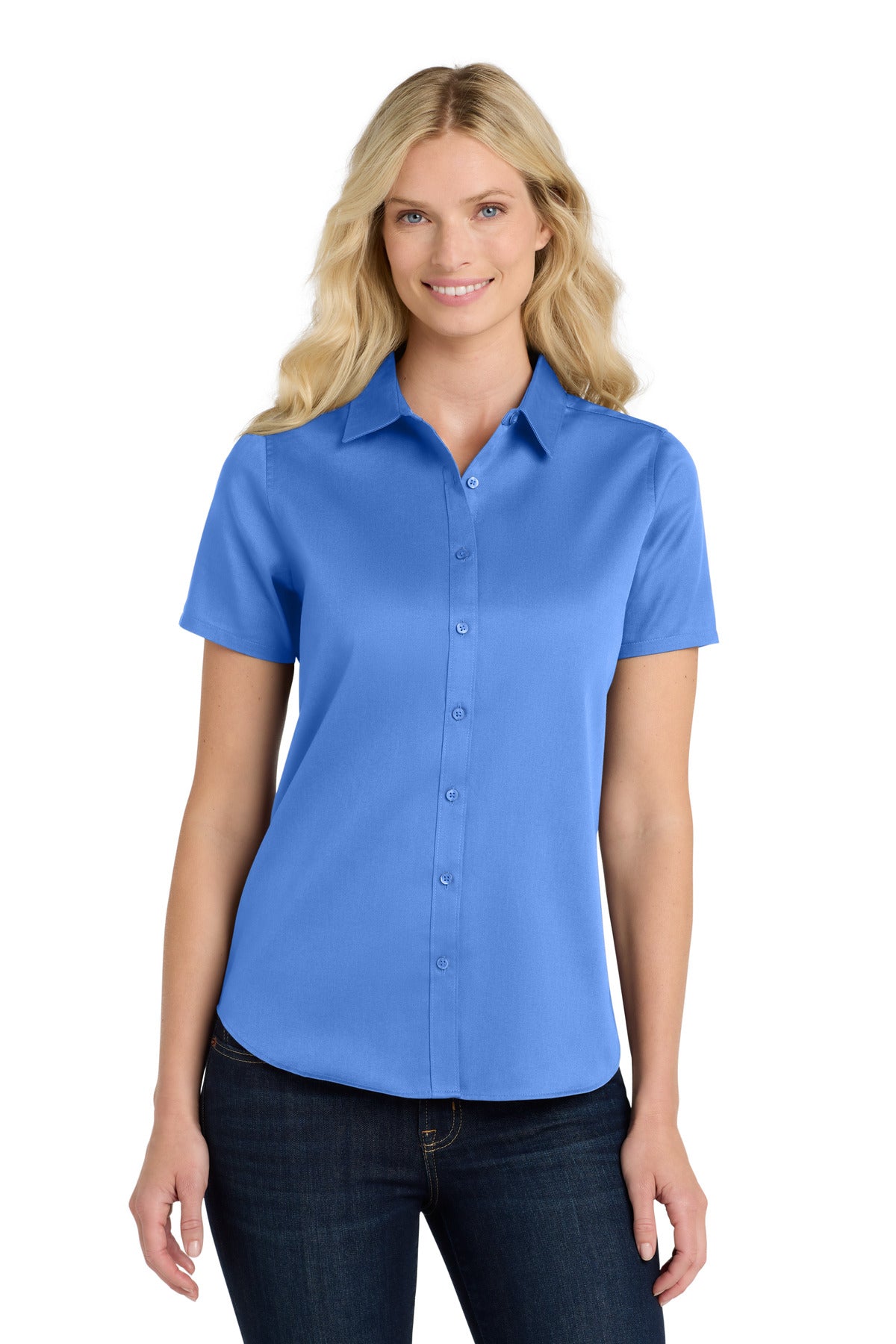 Front View of UltramrnBl Port Authority Women's Short Sleeve SuperPro React Twill Shirt. LW809 plain