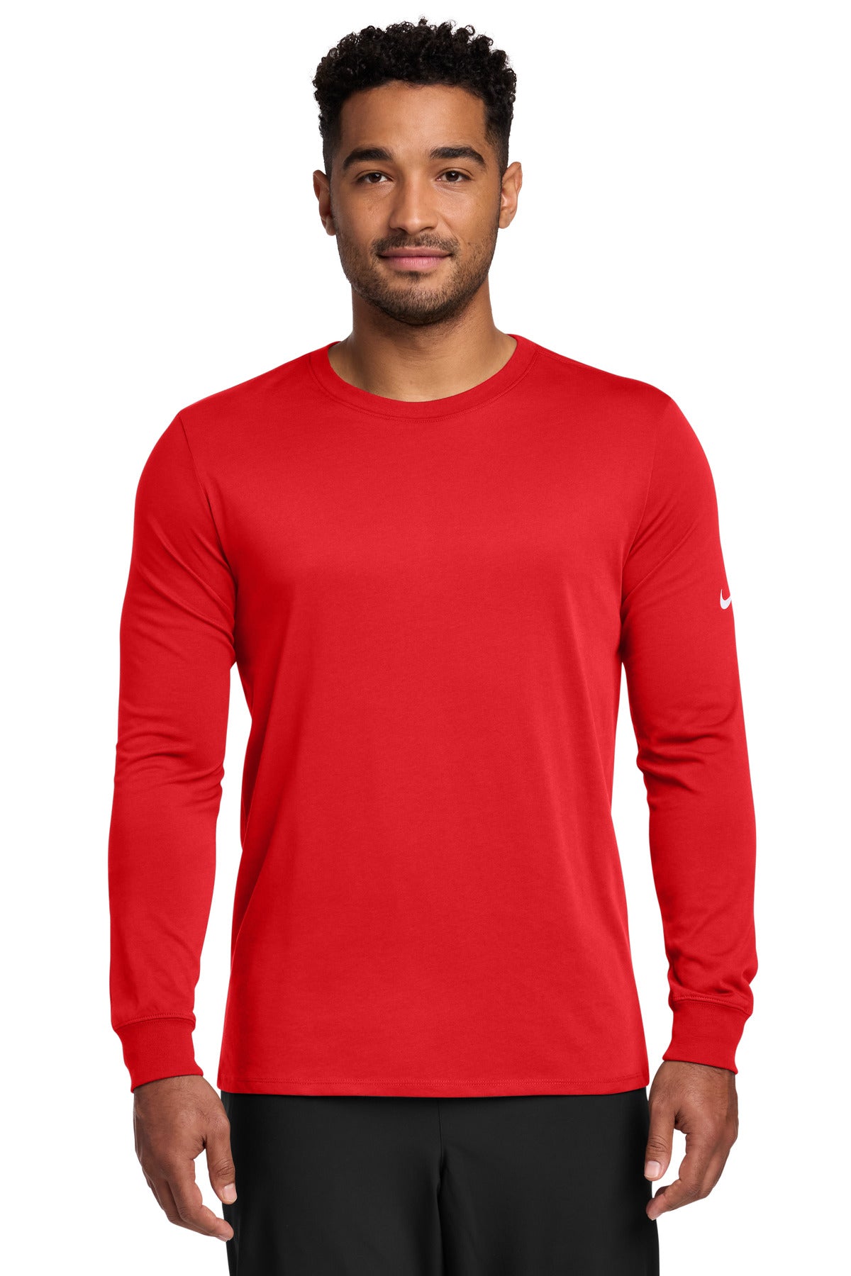 Front View of University Red Nike Dri-FIT Cotton/Poly Long Sleeve Tee. NKBQ5230 plain